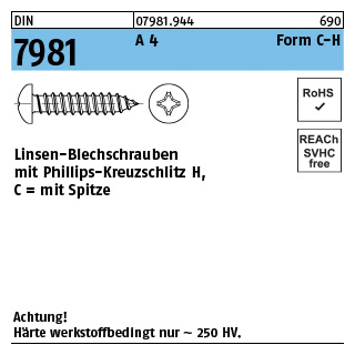 DIN 7981 A 4 Form C-H Linsen-Blechschrauben mit Spitze, mit Phillips-Kreuzschlitz H - Abmessung: C 3,5 x 13 -H, Inhalt: 1000 Stück