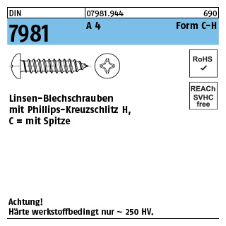 DIN 7981 A 4 Form C-H Linsen-Blechschrauben mit Spitze, mit Phillips-Kreuzschlitz H - Abmessung: C 4,2 x 45 -H, Inhalt: 500 Stück