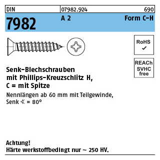 DIN 7982 A 2 Form C-H Senk-Blechschrauben mit Spitze, mit Phillips-Kreuzschlitz H - Abmessung: C 2,2 x 16 -H, Inhalt: 1000 Stück