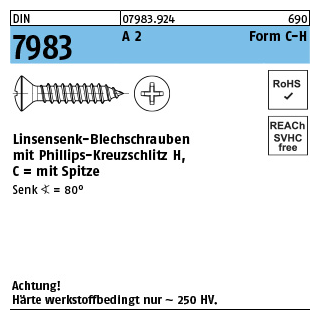 DIN 7983 A 2 Form C-H Linsensenk-Blechschrauben mit Spitze, mit Phillips-Kreuzschlitz H - Abmessung: C 2,9 x 22 -H, Inhalt: 100 Stück