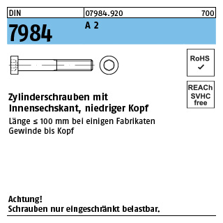 DIN 7984 A 2 Zylinderschrauben mit Innensechskant, niedriger Kopf - Abmessung: M 3 x 16, Inhalt: 100 Stück