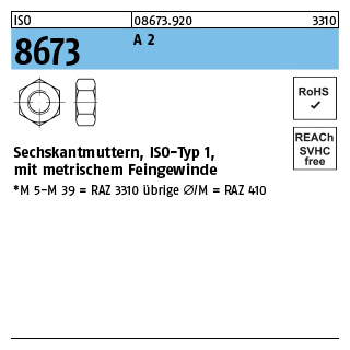 ISO 8673 A 2 Sechskantmuttern, ISO-Typ 1, mit metrischem Feingewinde - Abmessung: M 30 x 1,5, Inhalt: 10 Stück