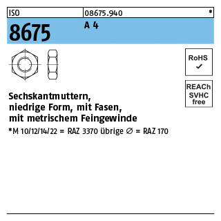 ISO 8675 A 4 Niedrige Sechskantmuttern mit Fasen und metrischem Feingewinde - Abmessung: M 16 x 1,5, Inhalt: 25 Stück