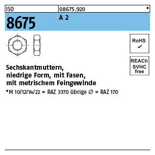 ISO 8675 A 2 Niedrige Sechskantmuttern mit Fasen und metrischem Feingewinde - Abmessung: M 30 x 2, Inhalt: 10 Stück