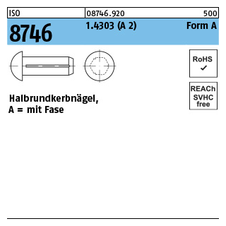 ISO 8746 1.4303 (A 2) Form A Halbrundkerbnägel, mit Fase - Abmessung: 2 x 6, Inhalt: 100 Stück