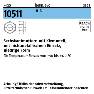 ISO 10511 A 4 Sechskantmuttern mit Klemmteil, mit nichtmetallischem Einsatz, niedrige Form - Abmessung: M 3, Inhalt: 1000 Stück