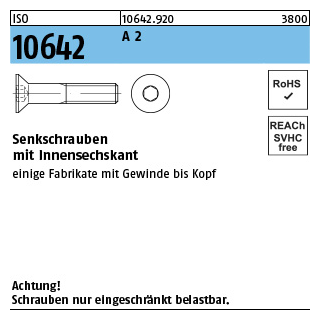 ISO 10642 A 2 Senkschrauben mit Innensechskant - Abmessung: M 4 x 8, Inhalt: 500 Stück