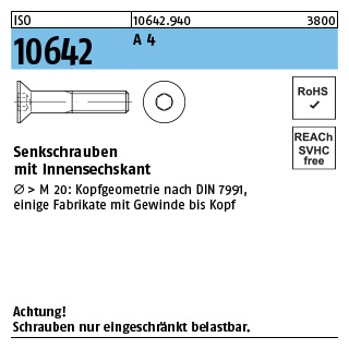 ISO 10642 A 4 Senkschrauben mit Innensechskant - Abmessung: M 10 x 45, Inhalt: 100 Stück