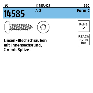 ISO 14585 A 2 Form C - ISR Flachkopf-Blechschrauben mit Spitze, mit Innensechsrund - Abmessung: 2,9 x 6,5 -C, Inhalt: 1000 Stück