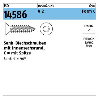 ISO 14586 A 2 Form C- ISR Senk-Blechschrauben, mit Spitze, mit Innensechsrund - Abmessung: 3,9 x 50 -C, Inhalt: 500 Stück