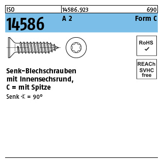 ISO 14586 A 2 Form C- ISR Senk-Blechschrauben, mit Spitze, mit Innensechsrund - Abmessung: 4,2 x 38 -C, Inhalt: 500 Stück