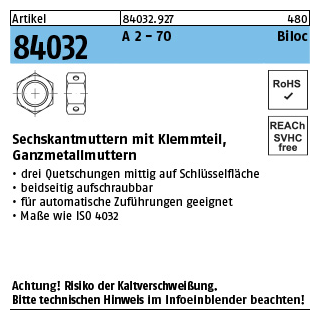 Artikel 84032 A 2 - 70 Biloc Sechskantmuttern mit Klemmteil Ganzmetallmuttern - Abmessung: M 6, Inhalt: 1000 Stück