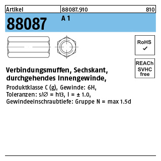 Artikel 88087 A 1 verbindungsmuffen, Sechskant, durchgehendes Innengewinde - Abmessung: M 10 x 30 SW17, Inhalt: 25 Stück
