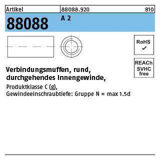 Artikel 88088 A 2 verbindungsmuffen, rund, durchgehendes Innengewinde - Abmessung: M 6 x 30 x 10, Inhalt: 50 Stück