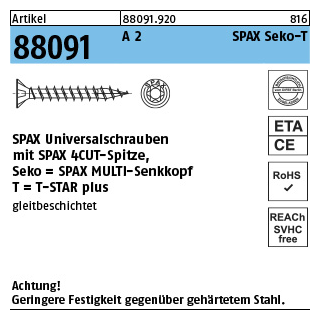 Artikel 88091 A 2 SPAX Seko-T SPAX Universalschrauben mit Spitze, SPAX MULTI-Senkkopf, T-STAR - Abmessung: 3 x 20/16-T10, Inhalt: 200 Stück