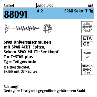 Artikel 88091 A 2 SPAX Seko-T-Tg SPAX Universalschrauben mit Spitze, SPAX MULTI-Senkkopf, Teilgewinde, T-STAR - Abmessung: 4 x 30/18-T20, Inhalt: 200 Stück