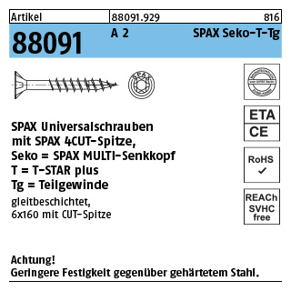 Artikel 88091 A 2 SPAX Seko-T-Tg SPAX Universalschrauben mit Spitze, SPAX MULTI-Senkkopf, Teilgewinde, T-STAR - Abmessung: 5 x120/68-T20, Inhalt: 100 Stück