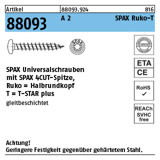 Artikel 88093 A 2 SPAX Ruko-T SPAX Universalschrauben mit Spitze, SPAX MULTI-Halbrundkopf, Pozidriv-KS - Abmessung: 5 x 40/35-T20, Inhalt: 200 Stück