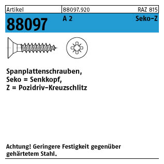 Artikel 88097 A 2 Seko-Z Spanplattenschrauben, Senkkopf, Pozidriv-Kreuzschlitz - Abmessung: 3 x 12 -Z, Inhalt: 1000 Stück