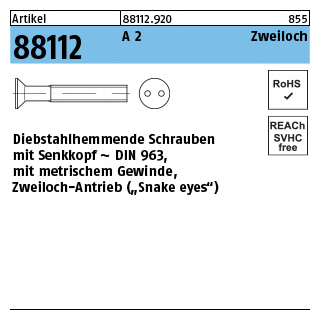 Artikel 88112 A 2 Zweiloch Diebstahlhemmende Schrauben mit Senkkopf ~ DIN 963, Zweiloch-Antrieb - Abmessung: M 4 x 12, Inhalt: 100 Stück