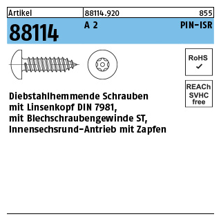 Artikel 88114 A 2 PIN-ISR Diebstahlhemmende Schrauben, Linsenkopf DIN 7981, Blechschr.-gew., ISR u. Zapfen - Abmessung: C 4,8 x 32, Inhalt: 100 Stück