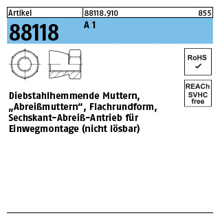 Artikel 88118 A 1 Diebstahlhemmende Muttern, ?Abreißmuttern? - Abmessung: M 12 x 9, Inhalt: 25 Stück