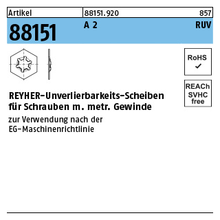 Artikel 88151 A 2 RUV REYHER-Unverlierbarkeits-Scheiben für Schrauben m. metr. Gewinde - Abmessung: M 8 x 16 x 0,5, Inhalt: 100 Stück