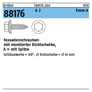 Artikel 88176 A 2 Form A Fassadenschrauben mit montierter Dichtscheibe, mit Spitze - Abmessung: A 6,5 x 19, Inhalt: 500 Stück