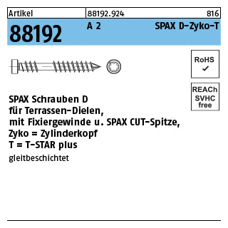 Artikel 88192 A 2 SPAX D-Zyko-T SPAX Schrauben D für Terrassen-Dielen, mit Fixiergewinde, Spitze, Zylinderkopf - Abmessung: 5 x 70/33 -T25, Inhalt: 100 Stück