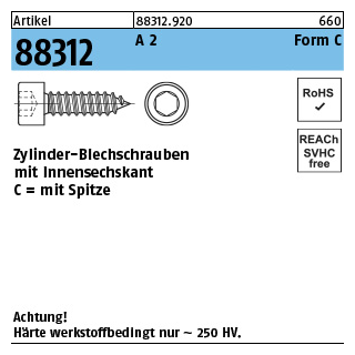 Artikel 88312 A 2 Form C Zylinder-Blechschrauben mit Innensechskant mit Spitze - Abmessung: C 4,8 x 19, Inhalt: 1000 Stück