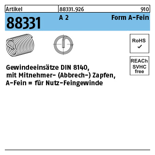 Artikel 88331 A 2 Form A-Fein Gewindeeinsätze DIN 8140 für Nutz-Feingewinde - Abmessung: M 10x1 x15, Inhalt: 25 Stück