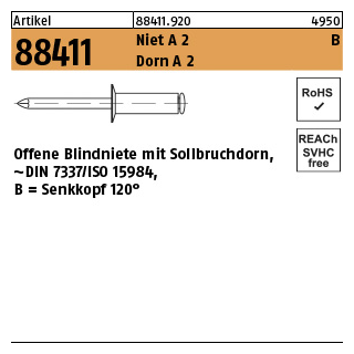 Artikel 88411 Niet A 2 B Dorn A 2 Offene Blindniete mit Sollbruchdorn, ~DIN 7337/ISO 15984, Senkkopf 120° - Abmessung: B 5 x 8, Inhalt: 500 Stück