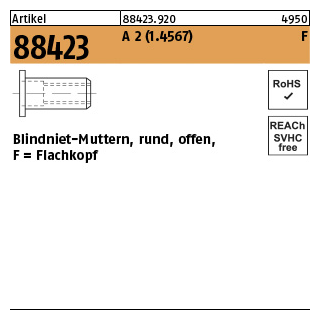 Artikel 88423 A 2 (1.4567) F Blindniet-Muttern, rund, offen, Flachkopf - Abmessung: M 6 /0,25-3,5, Inhalt: 250 Stück