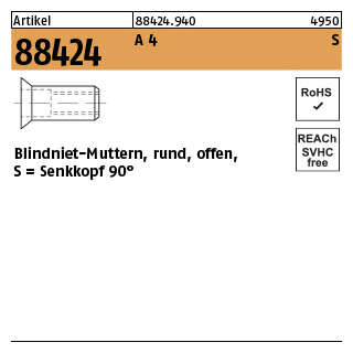 Artikel 88424 A 4 S Blindniet-Muttern, rund, offen, Senkkopf 90° - Abmessung: M 4 / 1,5 - 3,0, Inhalt: 500 Stück