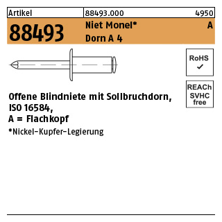 Artikel 88493 Niet Monel A Dorn A 4 Offene Blindniete mit Sollbruchdorn, ISO 16584, Flachkopf - Abmessung: 3,2 x 10, Inhalt: 500 Stück