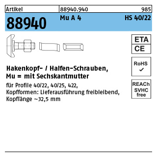 Artikel 88940 Mu A 4 HS 40/22 Hakenkopf-/Halfen-Schrauben, mit Sechskantmutter - Abmessung: M 10 x 30, Inhalt: 50 Stück