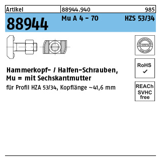 Artikel 88944 Mu A 4 - 70 HZS 53/34 Hammerkopf-/Halfen-Schrauben, mit Sechskantmutter - Abmessung: M 16 x 100, Inhalt: 25 Stück