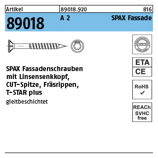 Artikel 89018 A 2 SPAX Fassade SPAX Fassadenschrauben mit Spitze, Linsensenkkopf, Fräsrippen, T-STAR - Abmessung: 4,5 x 40/25 -T, Inhalt: 200 Stück