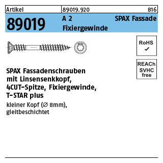 Artikel 89019 A 2 SPAX Fassade Fixiergewinde SPAX Fassadenschrauben mit Linsensenkkopf, Spitze, T-STAR - Abmessung: 4,5 x 50/21 -T, Inhalt: 200 Stück