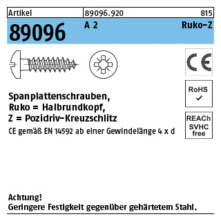 Artikel 89096 A 2 CE Ruko-Z Spanplattenschrauben, Halbrundkopf, Pozidriv-Kreuzschlitz - Abmessung: 3 x 16 -Z, Inhalt: 1000 Stück