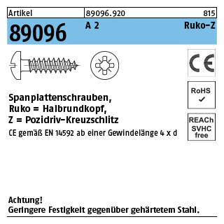 Artikel 89096 A 2 CE Ruko-Z Spanplattenschrauben, Halbrundkopf, Pozidriv-Kreuzschlitz - Abmessung: 4 x 30 -Z, Inhalt: 1000 Stück