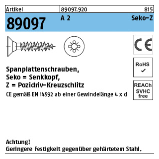 Artikel 89097 A 2 CE Seko-Z Spanplattenschrauben, Senkkopf, Pozidriv-Kreuzschlitz - Abmessung: 3,5 x 20 -Z, Inhalt: 1000 Stück