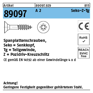 Artikel 89097 A 2 CE Seko-Z-Tg Spanplattenschrauben, Senkkopf, Pozidriv-Kreuzschlitz, Teilgewinde - Abmessung: 4 x 60 -Z, Inhalt: 100 Stück