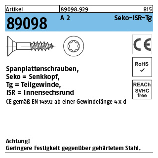 Artikel 89098 A 2 CE Seko-ISR-Tg Spanplattenschrauben, Senkkopf, Innensechsrund, Tg - Abmessung: 4 x 40 -T20, Inhalt: 200 Stück