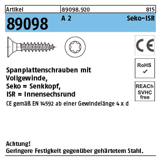 Artikel 89098 A 2 CE Seko-ISR Spanplattenschrauben mit Vollgew., Senkkopf, Innensechsrund - Abmessung: 4 x 50 -T20, Inhalt: 200 Stück