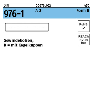 DIN 976-1 A 2 Form B Gewindebolzen, mit Kegelkuppen - Abmessung: BM 10 x 160, Inhalt: 50 Stück