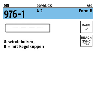 DIN 976-1 A 2 Form B Gewindebolzen, mit Kegelkuppen - Abmessung: BM 12 x 300, Inhalt: 10 Stück