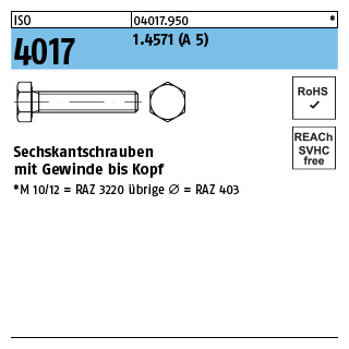 ISO 4017 1.4571 (A 5) Sechskantschrauben mit Gewinde bis Kopf - Abmessung: M 6 x 40, Inhalt: 100 Stück