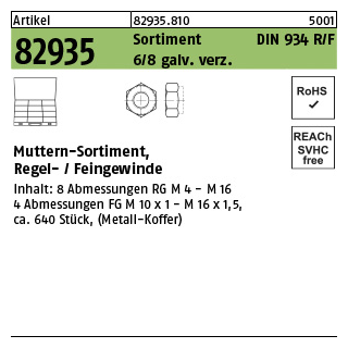 Artikel 82935 Sortim. DIN 934 R/F 6/8 galv. verz. Muttern-Sortimente, Regel-/Feingewinde - Abmessung: DIN 934 8, Inhalt: 1 Stück