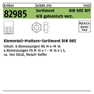 Artikel 82985 Sortim. DIN 985 R/F 6/8 galvanisch verz. Klemmteil-Muttern-Sortimente DIN 985 - Abmessung: DIN 985, Inhalt: 1 Stück